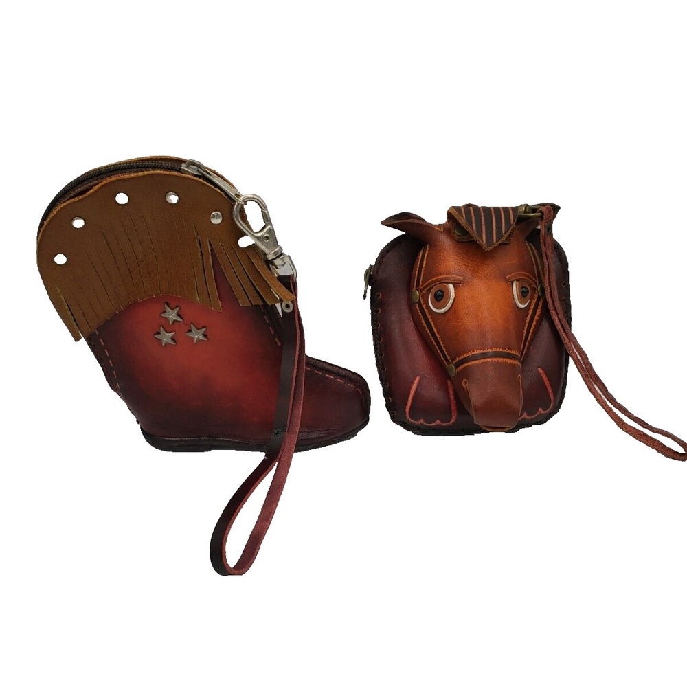 Cowboy Boot &‎ Horse Leather Wristlet Zippered Change Purse Handcrafted